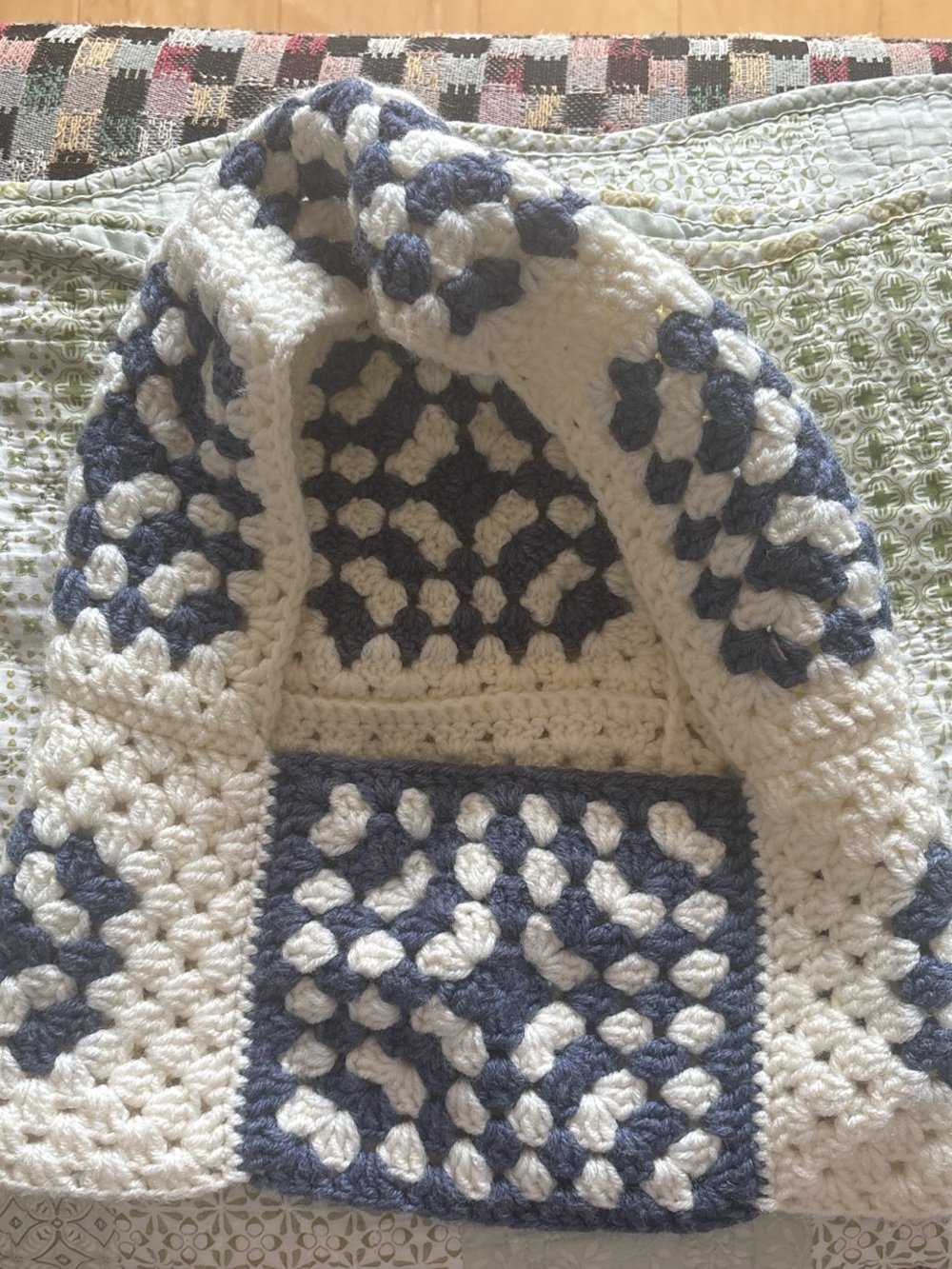 Handmade Crochet Granny Square Hooded Throw - White & Blue